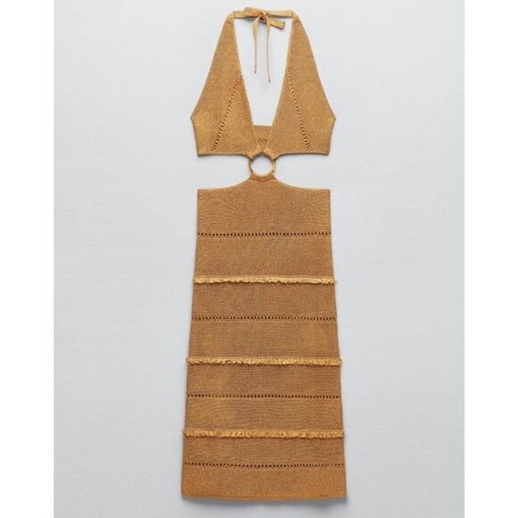 NWT Zara Blogger Fav Buckled Metallic Knit Cutout Dress Gold L Vacation - Picture 10 of 14
